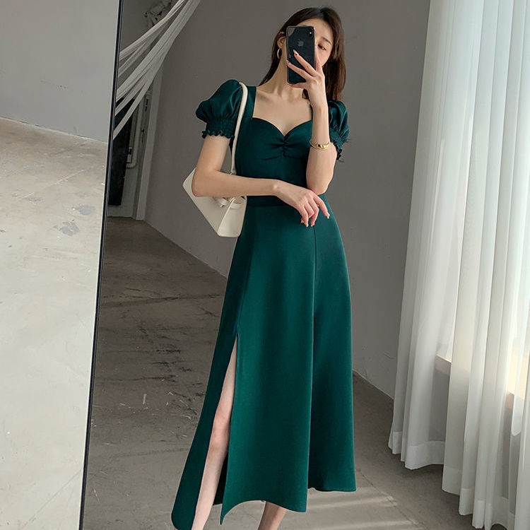 Đầm chữ A cổ vuông tay phồng màu xanh lá cây phong cách Pháp retro thời trang mùa hè mới