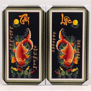 tranh thêu sẵn chưa khung (lý ngư vọng nguyệt) cặp cá tài lộc
