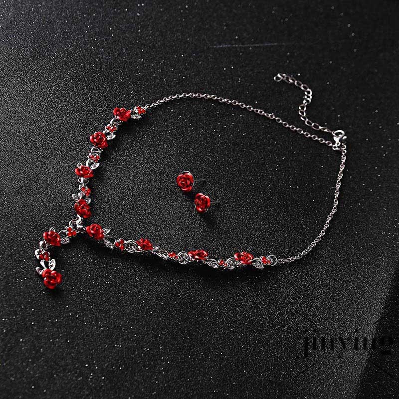 GETNOIVAS Set dây chuyền và bông tai hoa hồng đính đá sang trọng