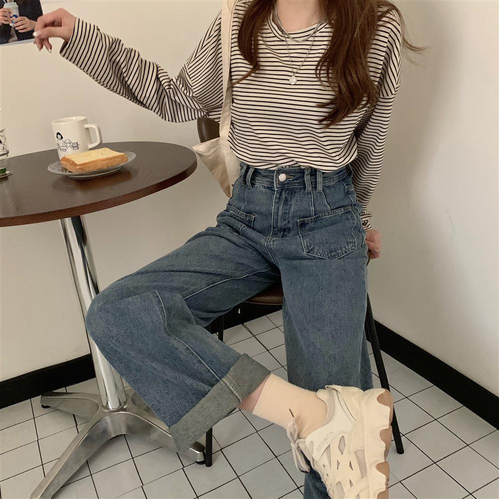 Quần Jeans Nữ Lưng Cao Ống Rộng Phong Cách Hàn Quốc