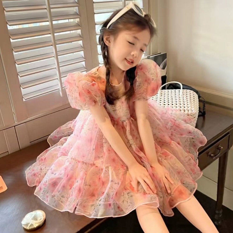 Đầm Công Chúa Tay Phồng Phối Lưới Họa Tiết Hoa Hồng Thời Trang Mùa Hè Cho Bé Gái