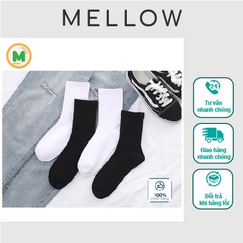 Tất nam nữ cô cao hàn quốc Mellow, vớ cô cao nam nữ, chất Cotton  đen trắng kháng khuẩn thoáng khi co gián tốt êm chân