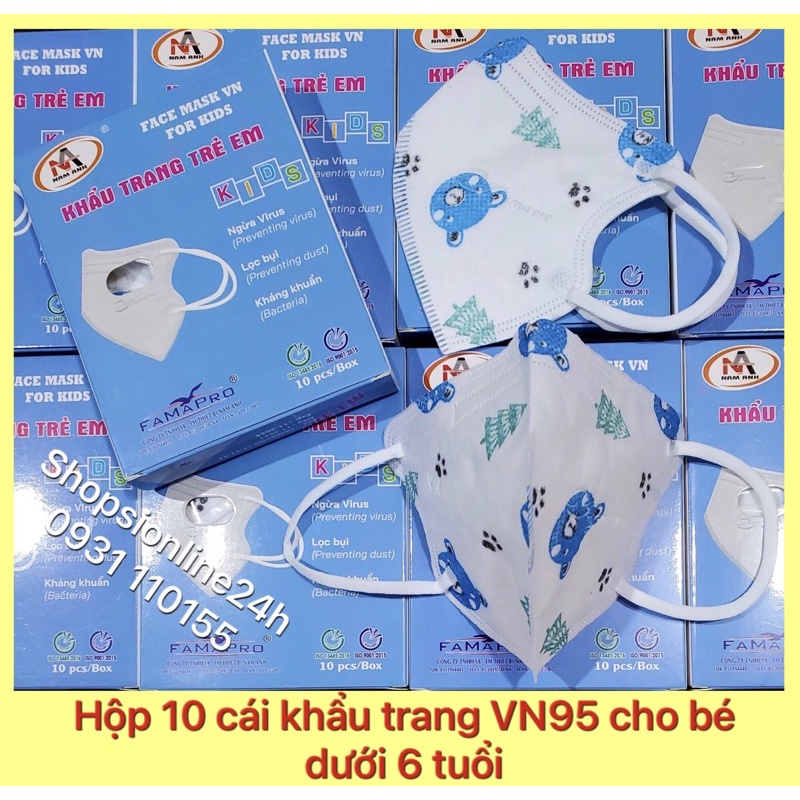 ✅ Hộp 10 khẩu trang y tế 5D mask N95 VN95 Famapro Nam Anh cho bé dưới 6 tuổi hình gấu xanh