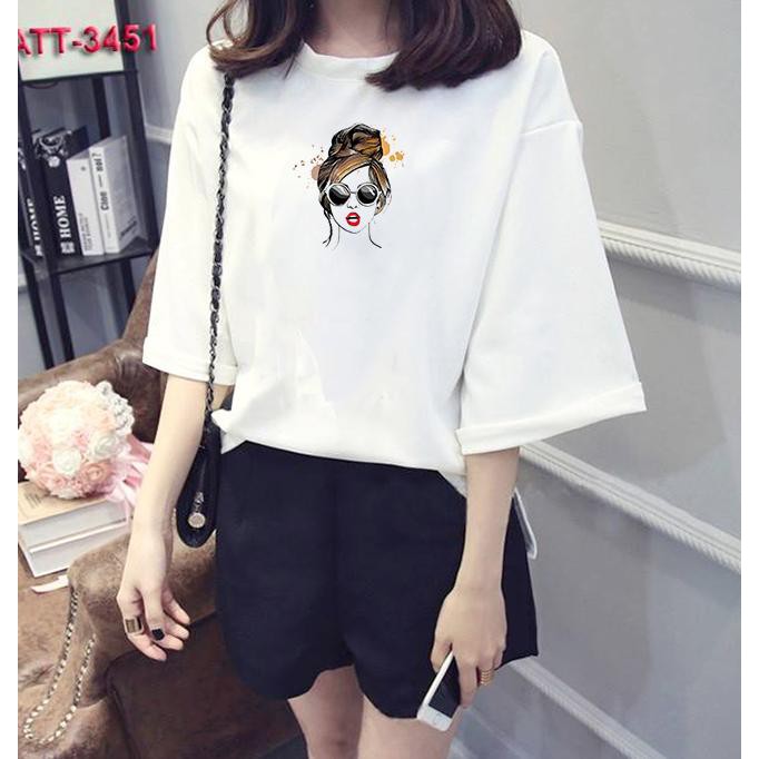 Áo thun nữ tay lỡ Hàn Quốc form rộng in hình cô gái vải dày mịn TEEWOTL82
