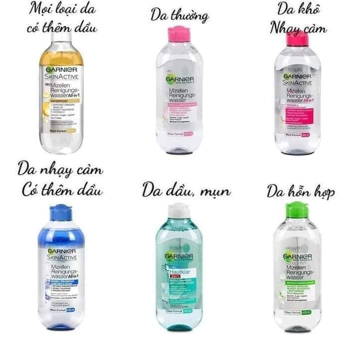 Nước tẩy trang Garnier xanh / Hồng / xanh lá/ vàng / xanh dương / da dầu mụn Pháp 400ml