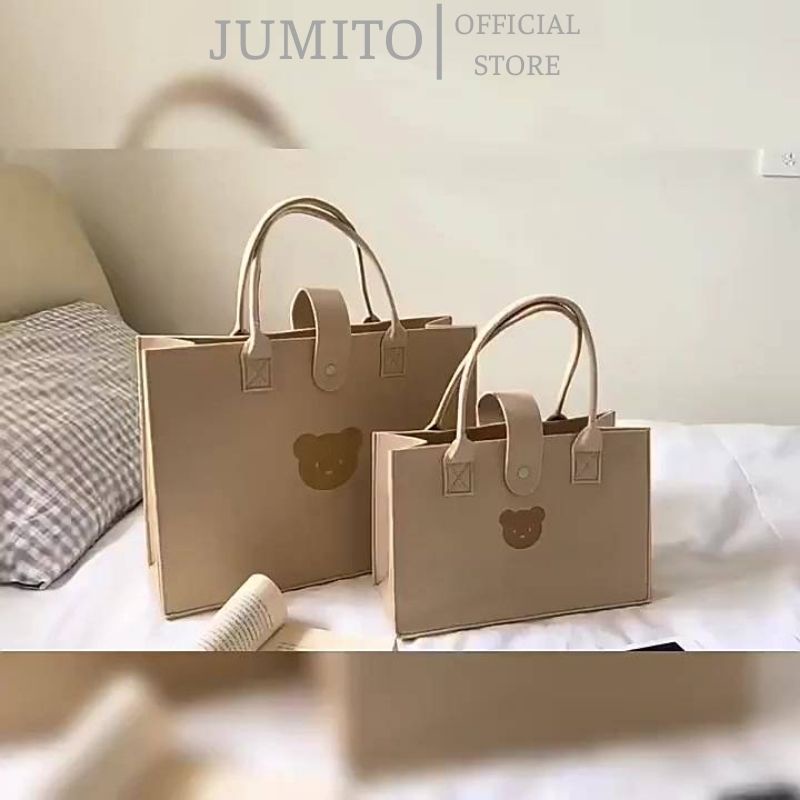 Túi xách nữ form to vuông cầm tay hình gấu màu trà sữa chất nỉ siêu cute JUMITO T3.007.TO