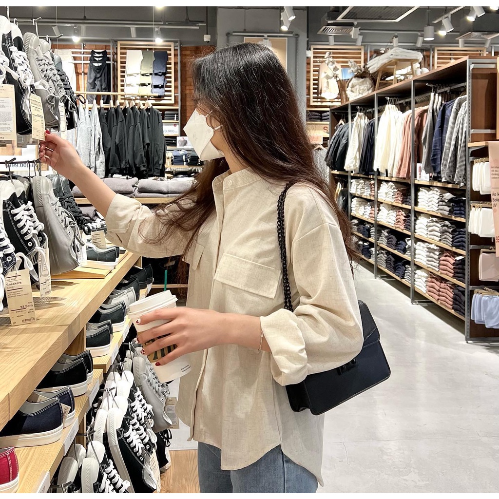Áo sơ mi cổ tàu ba màu chất thô linen- Miho house