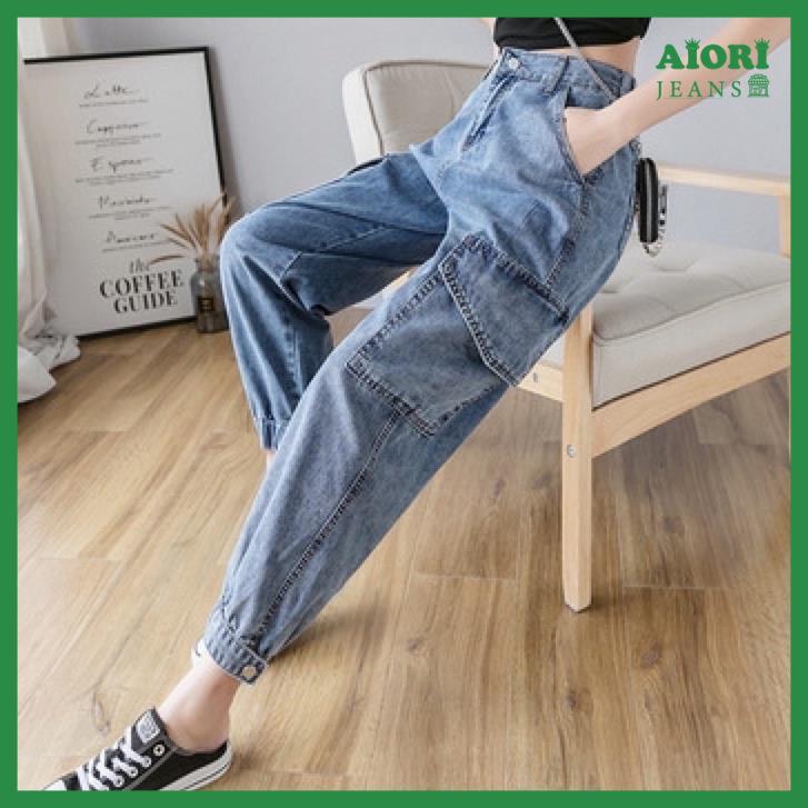 Quần Jeans Nữ, Quần Baggy Jeans Lưng Cao Túi Hộp Ống Bo Túm Jogger Cạp Cao Form Ulzzang Phong Cách Thời Trang
