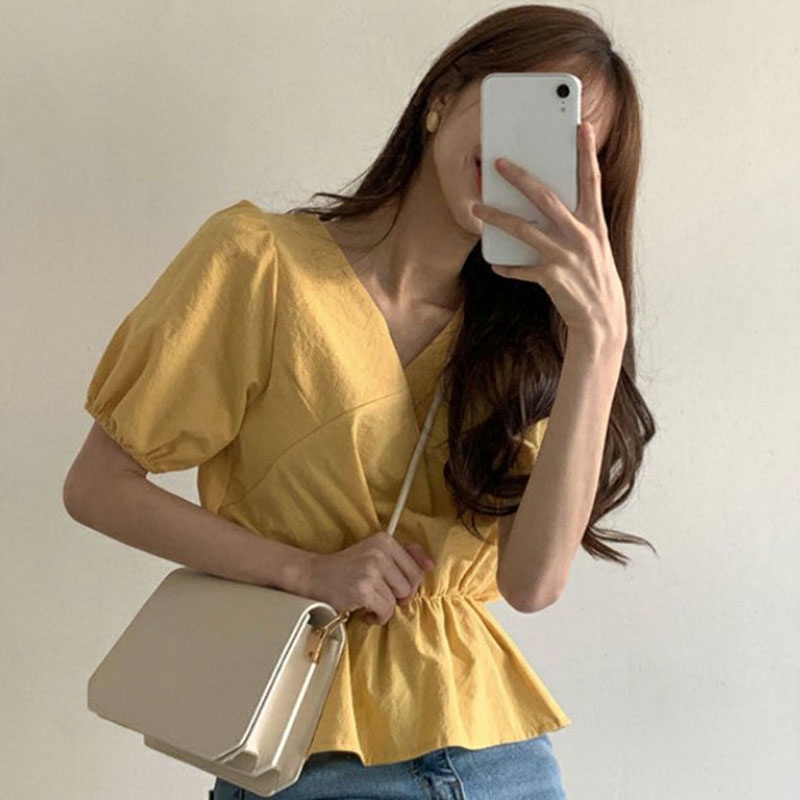 IELGY Áo Sơ Mi Tay Ngắn Chiết Eo Phong Cách retro Phương Tây Dành Cho Nữ