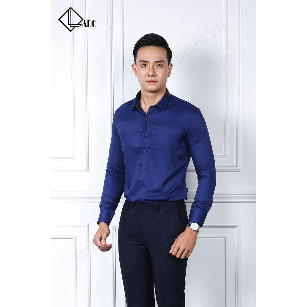 Áo sơ mi trơn màu xanh da trời dài tay không nhăn co dãn nhẹ LADO 978