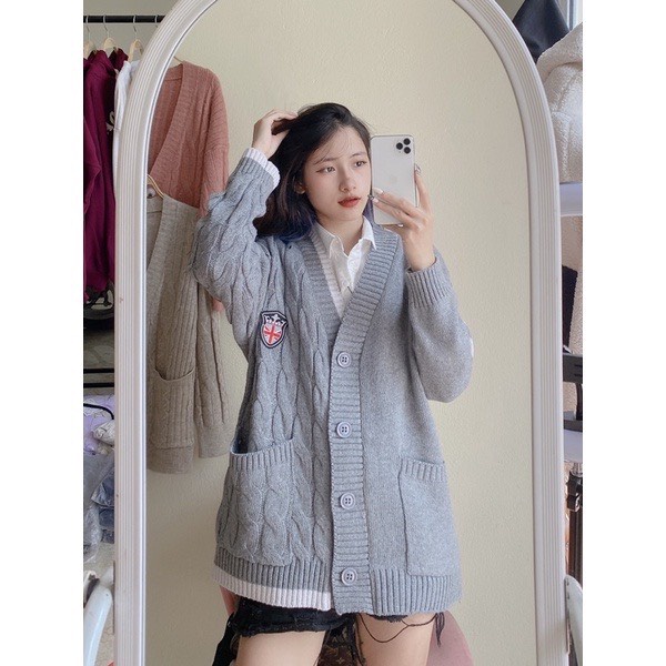 Áo Cardigan Len Trơn Thừng Logo Chất Dày Dáng Dài