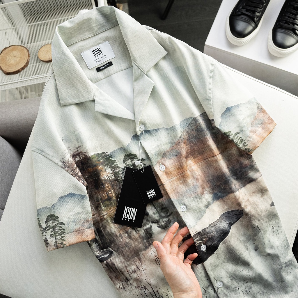 Áo sơ mi nam họa tiết nhiệt đới, chất vải siêu mịn mát 8400