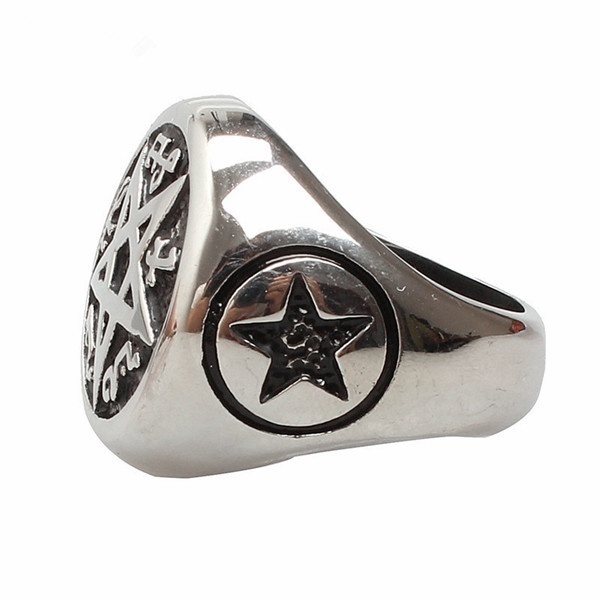 Gothic Punk Satanism Inverted Pentagram Satanic Polished Mens Ring Jewelry