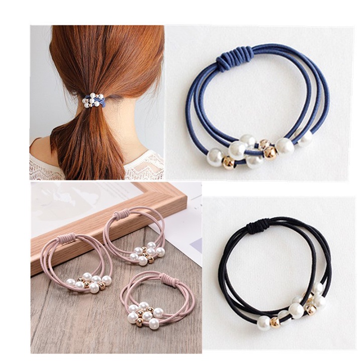 Dây cột tóc 3 lớp đính đá ngọc trai nhân tạo cute dễ thương