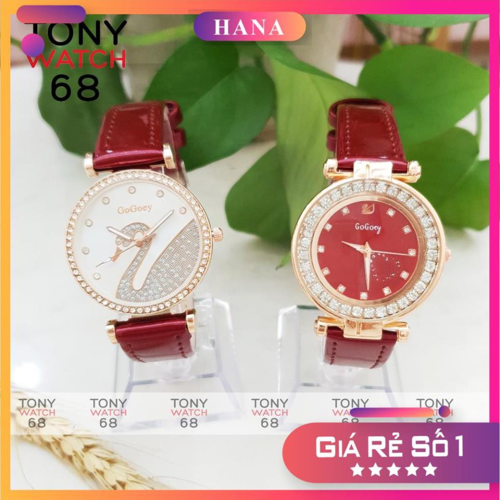 Đồng hồ nữ Gogoey đẹp dây da đỏ mặt ngọc thiên nga chống nước chính hãng Tony Watch 68