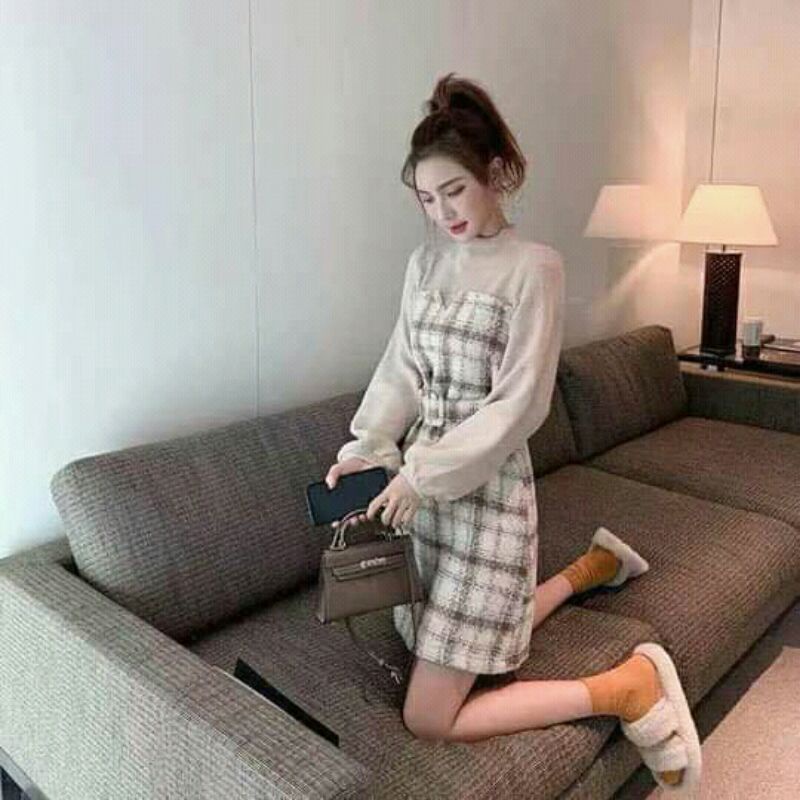 Váy dạ kẻ phối tay siêu xinh