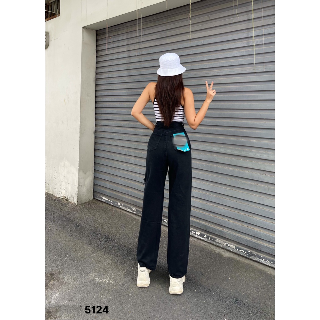 [ORTD5124] QUẦN JEANS ỐNG RỘNG NỮ LƯNG CAO RÁCH VUÔNG GỐI PHẢI BE TRÁI CAO MÀU ĐEN LAI CUỐN DÀY DẶN CAO CẤP NITIQC