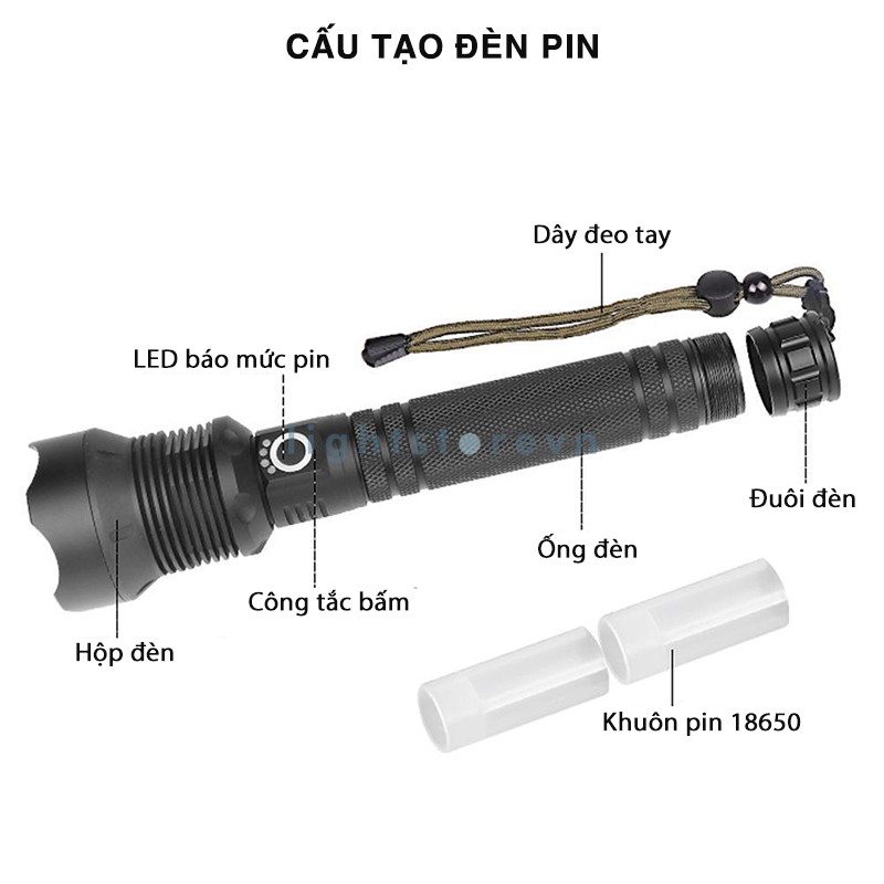 Đèn Pin XHP70 LED siêu sáng pin 26650 dung lượng lớn chuyên dụng cho các hoạt động ngoài trời (chuẩn loại 1, pin tốt)