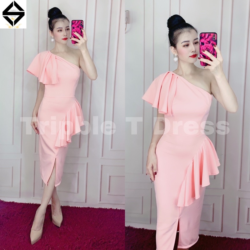 Đầm body lệch 1 vai nhún bèo chất poly TRIPBLE T DRESS