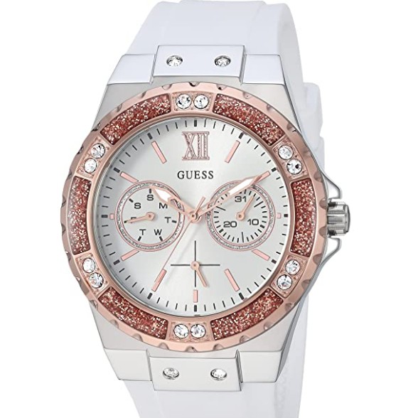 ĐỒNG HỒ NỮ GUESS Women's Stainless Steel + Stain Resistant Silicone Watch with Day + Date Functions