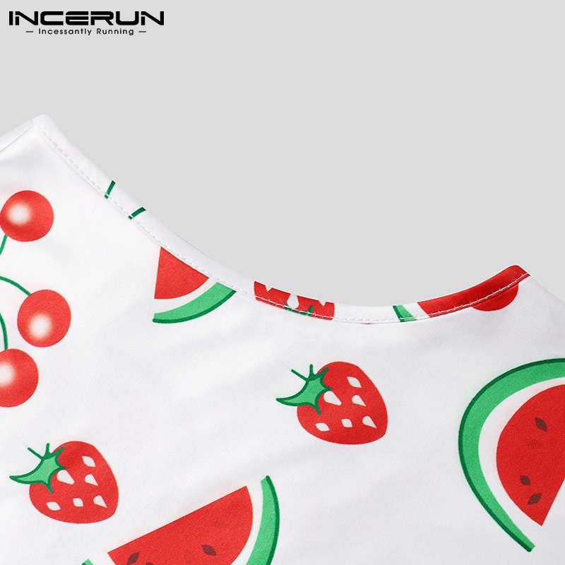 Áo không tay INCERUN họa tiết cherry xẻ tà thời trang trẻ trung cho nam