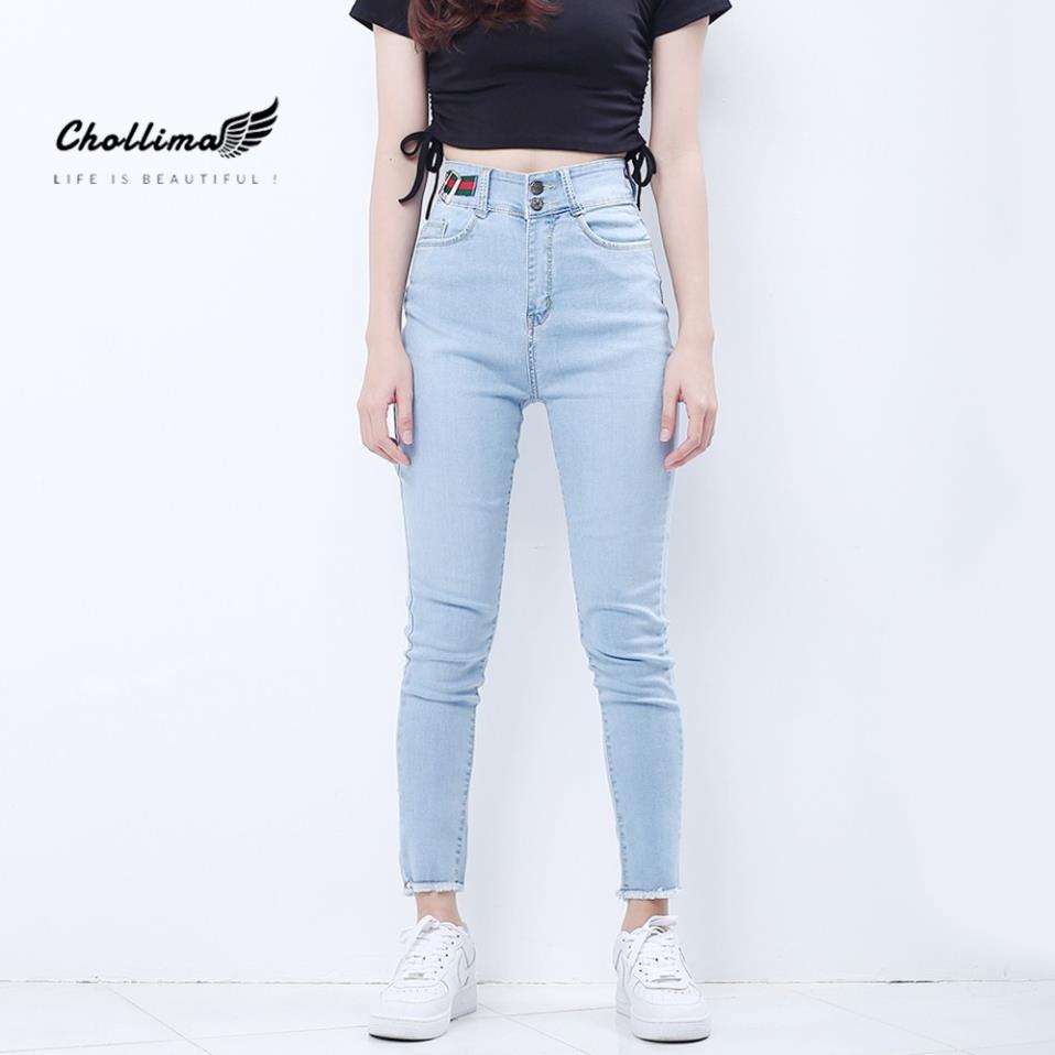 Xả Quần jeans nữ co giãn Chollima cạp siêu cao đắp nịt màu xanh trắng QD025