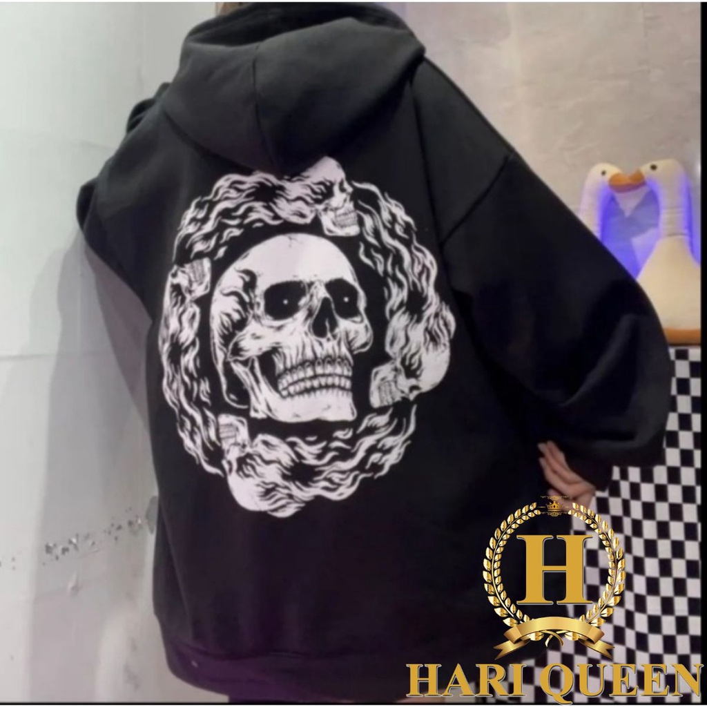 Áo hoodie nỉ cottong 2 lớp đầu lâu in trước sau siêu hot 2022