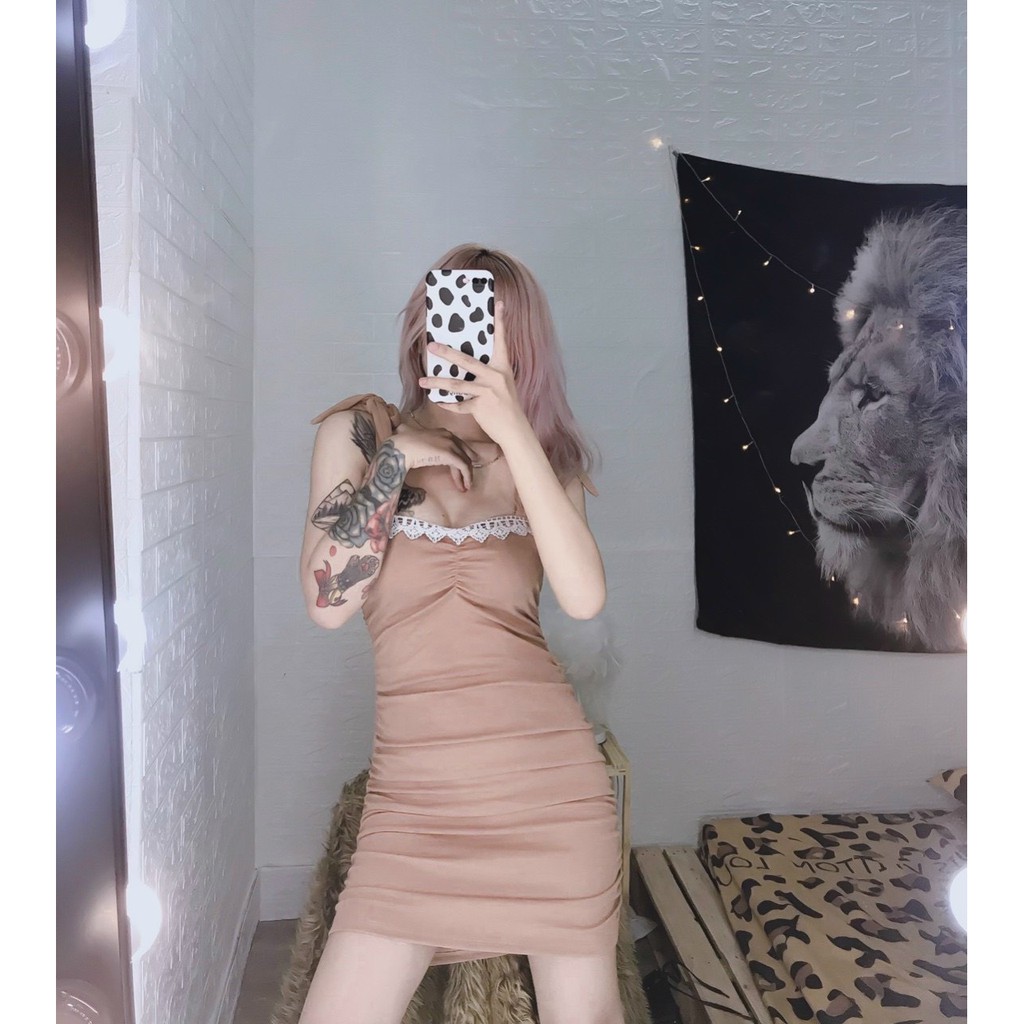 đầm nhúm kiểu phối ren cột dấy nơ vai xinh siêu hot hit