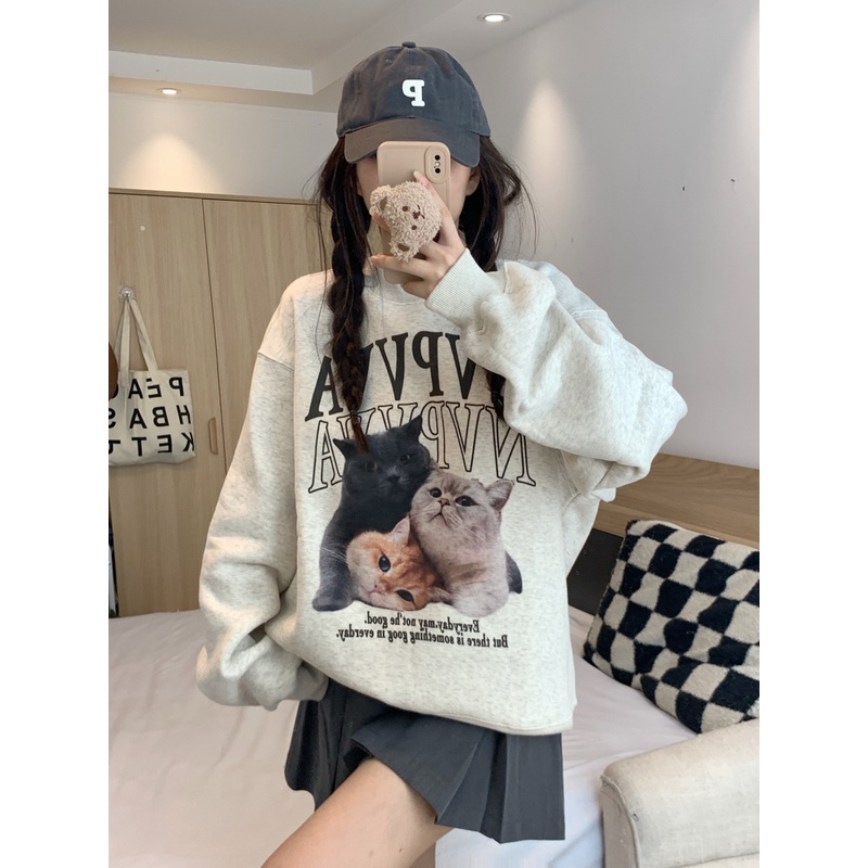 Áo Sweater Cổ Tròn Tay Dài Dáng Rộng In Họa Tiết Kiểu Retro Mỹ Xinh Xắn Cho Nữ