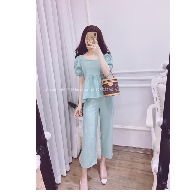 Bộ quần áo nữ cổ vuông chất đũi kiểu hàn