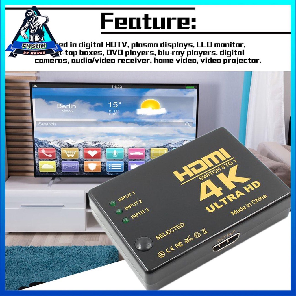 Công tắc chuyển đổi HDMI 3 đầu vào sang 1 đầu ra Bộ chia âm thanh video 4K Ultra HD