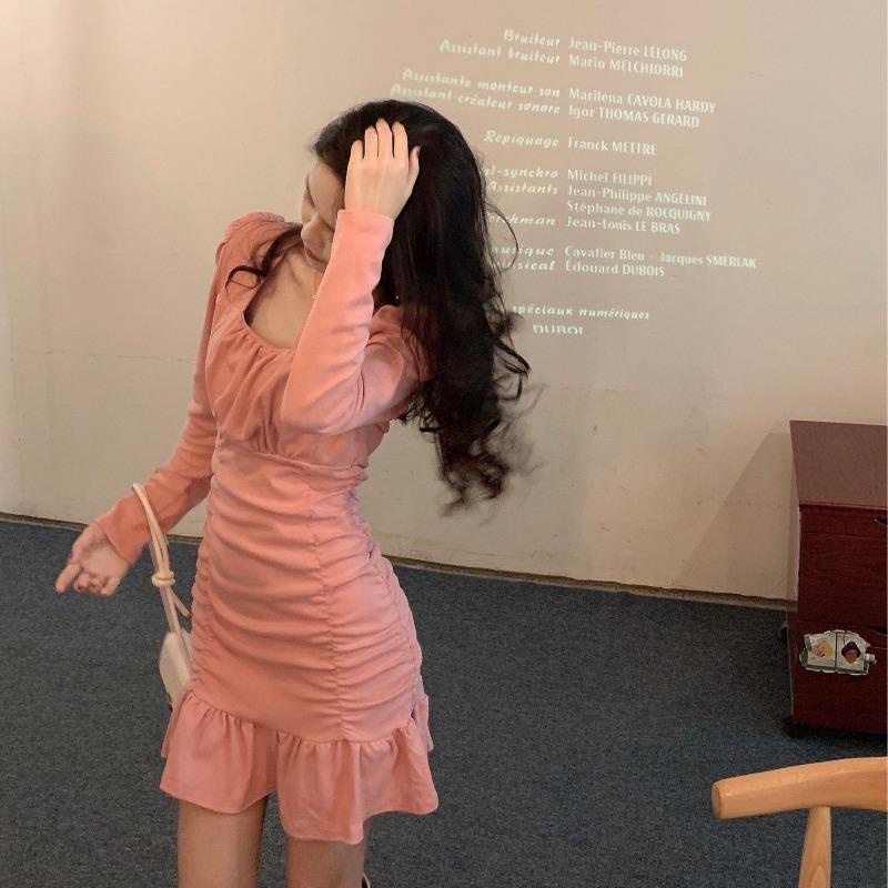 COZOK Đầm tay dài cổ vuông phong cách vintage thời trang