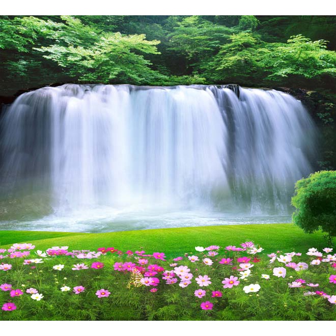 Tranh dán tường phong cảnh thác nước chảy êm đềm 3D