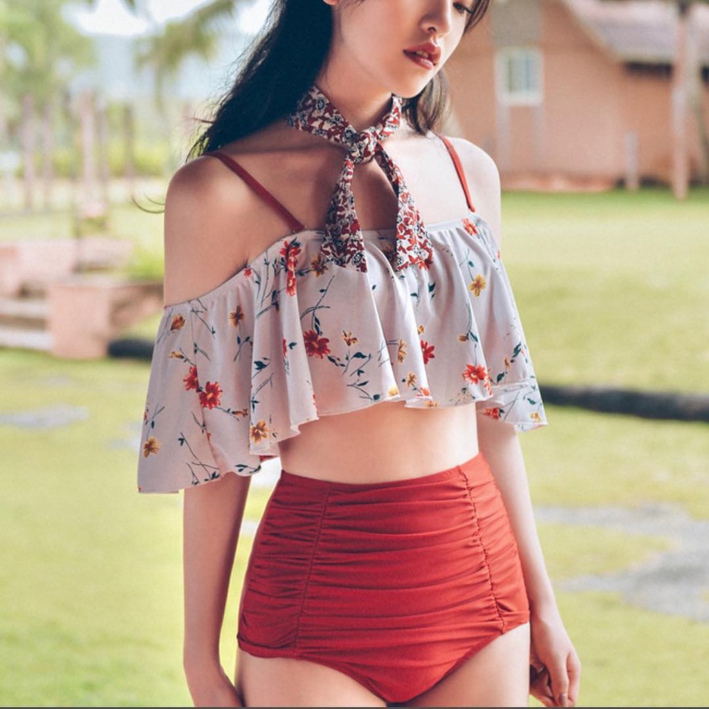 Bikini nữ thời trang, thiết kế cạp cao, trễ vai bèo nhún hot 2018