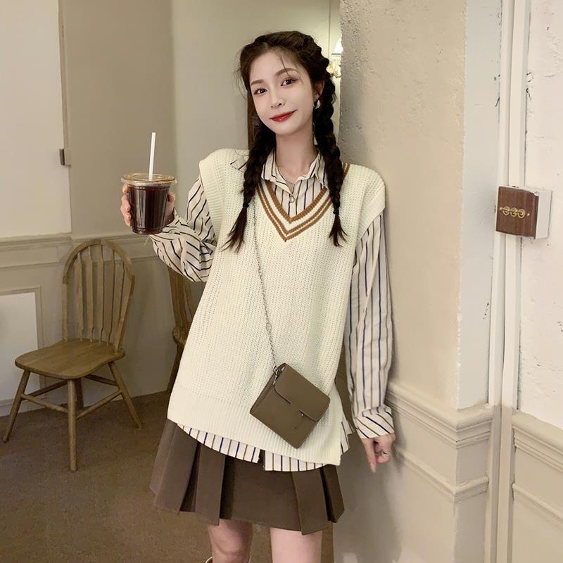 Set Áo Len Không Tay Họa Tiết Kẻ Sọc Kèm Áo Khoác Ngoài Thời Trang Cho Nữ