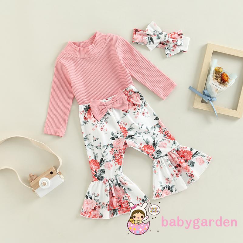 Bộ Áo Liền Quần Tay Dài Ống Loe Kèm Băng Đô In Hoa Thời Trang Cho Bé Gái 0-18 Tháng Tuổi