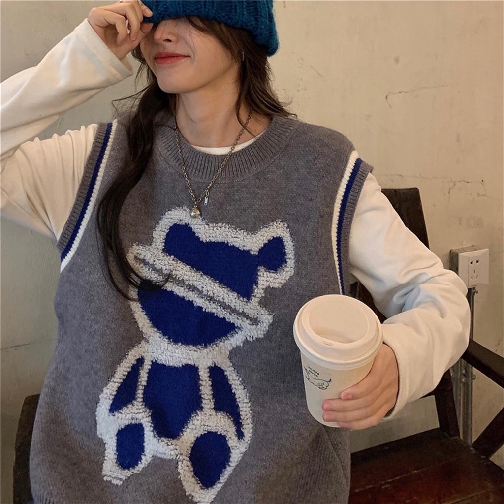 ZHELIHANGFEI Áo Sweater Dệt Kim Sát Nách Dáng Rộng In Hình Gấu Dễ Thương