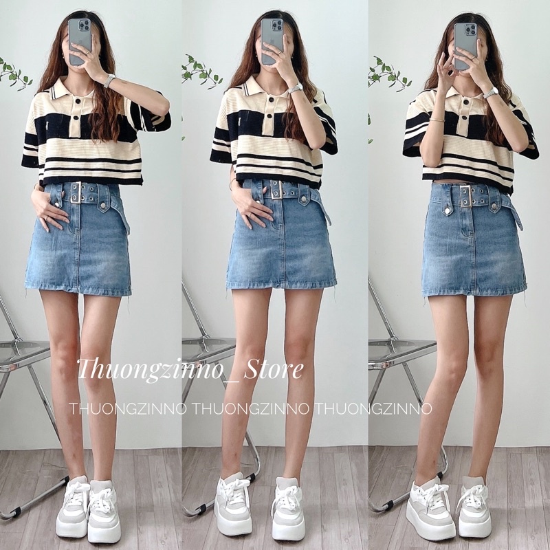 [Ảnh thật/Video] Áo mongtogi Cổ polo kẻ ngang màu Trắng trẻ trung  Áo len sọc ngang hàn quốc