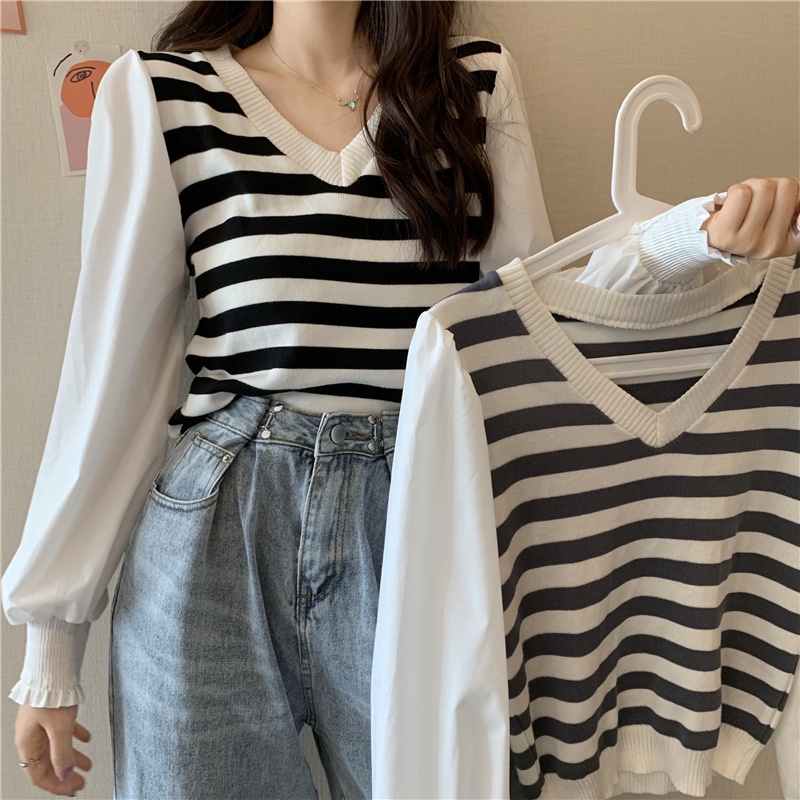 Áo len nữ kiểu cổ chữ V phối tay sơ mi bồng nhẹ 3 màu xinh xắn | BigBuy360 - bigbuy360.vn