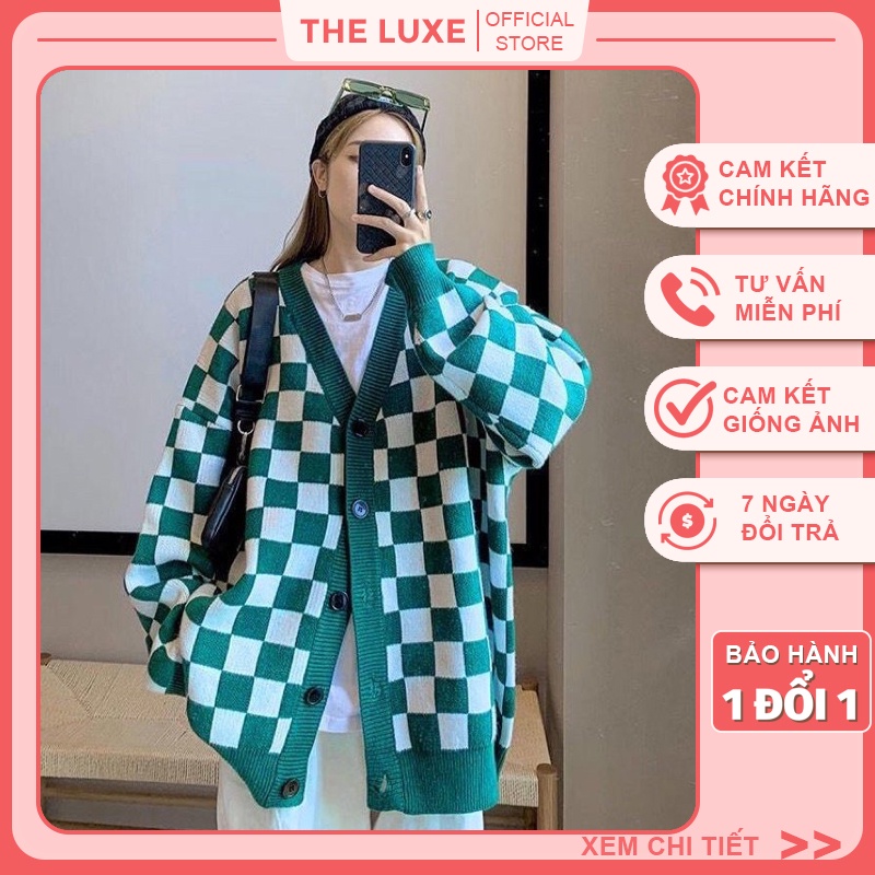 Áo cardigan len họa tiết sọc caro màu Xanh Trắng - Áo khoác len nữ thu đông form rộng 100% được may từ len mềm mịn