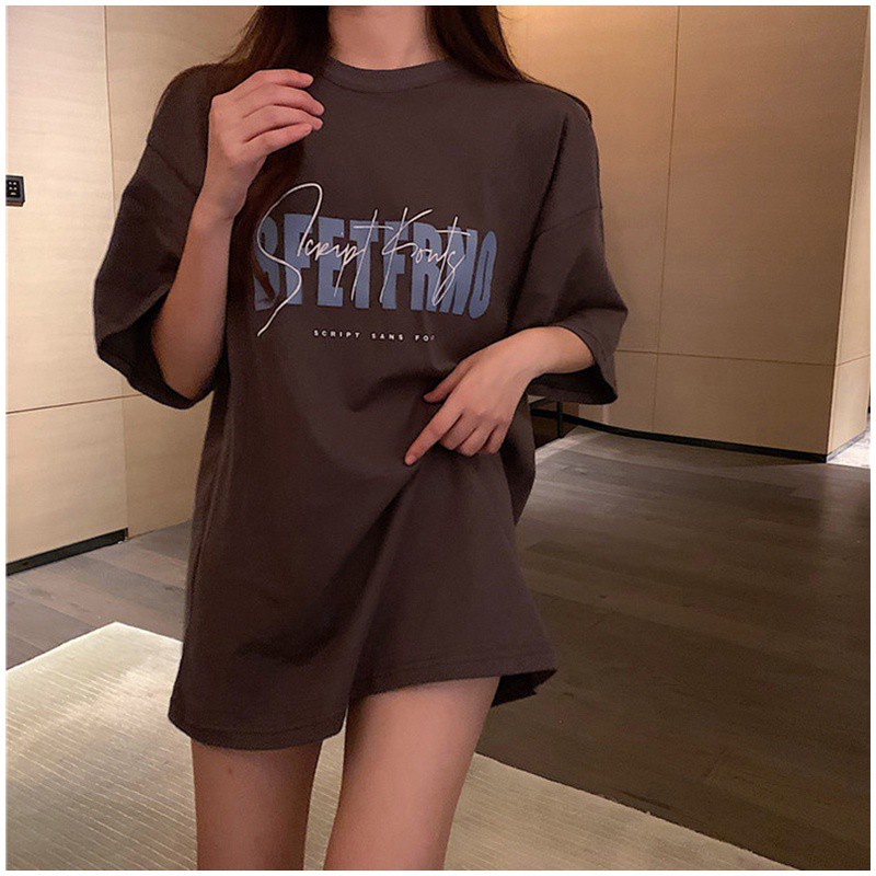 Áo thun SUXI tay ngắn cổ tròn dáng rộng in hình cá tính phong cách retro cho bạn gái