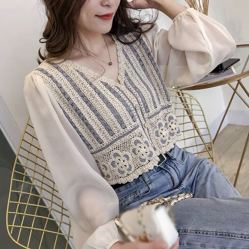 Áo Sơ Mi Chiffon Tay Dài Phồng Cổ Chữ V Họa Tiết Kẻ Sọc / Hoa Thời Trang Cho Nữ