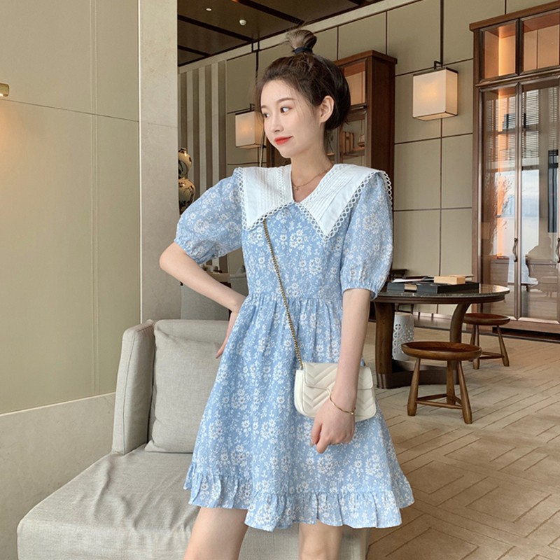 Váy hoa dáng ngắn tay phồng cổ cách điệu phong cách ulzzang