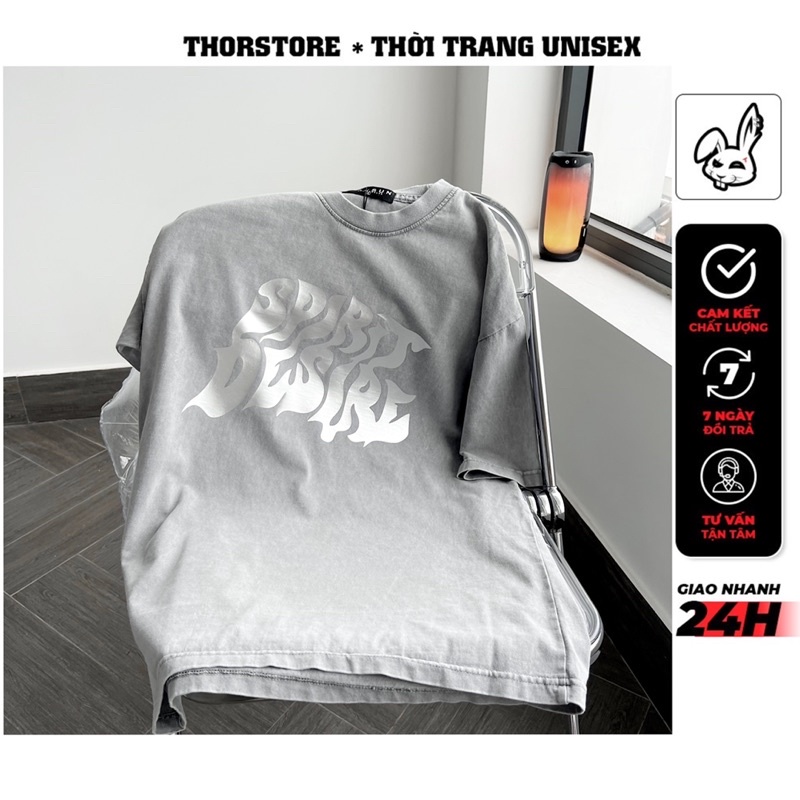 Áo thun wash nam nữ,chữ in nhũ bạc Spirit