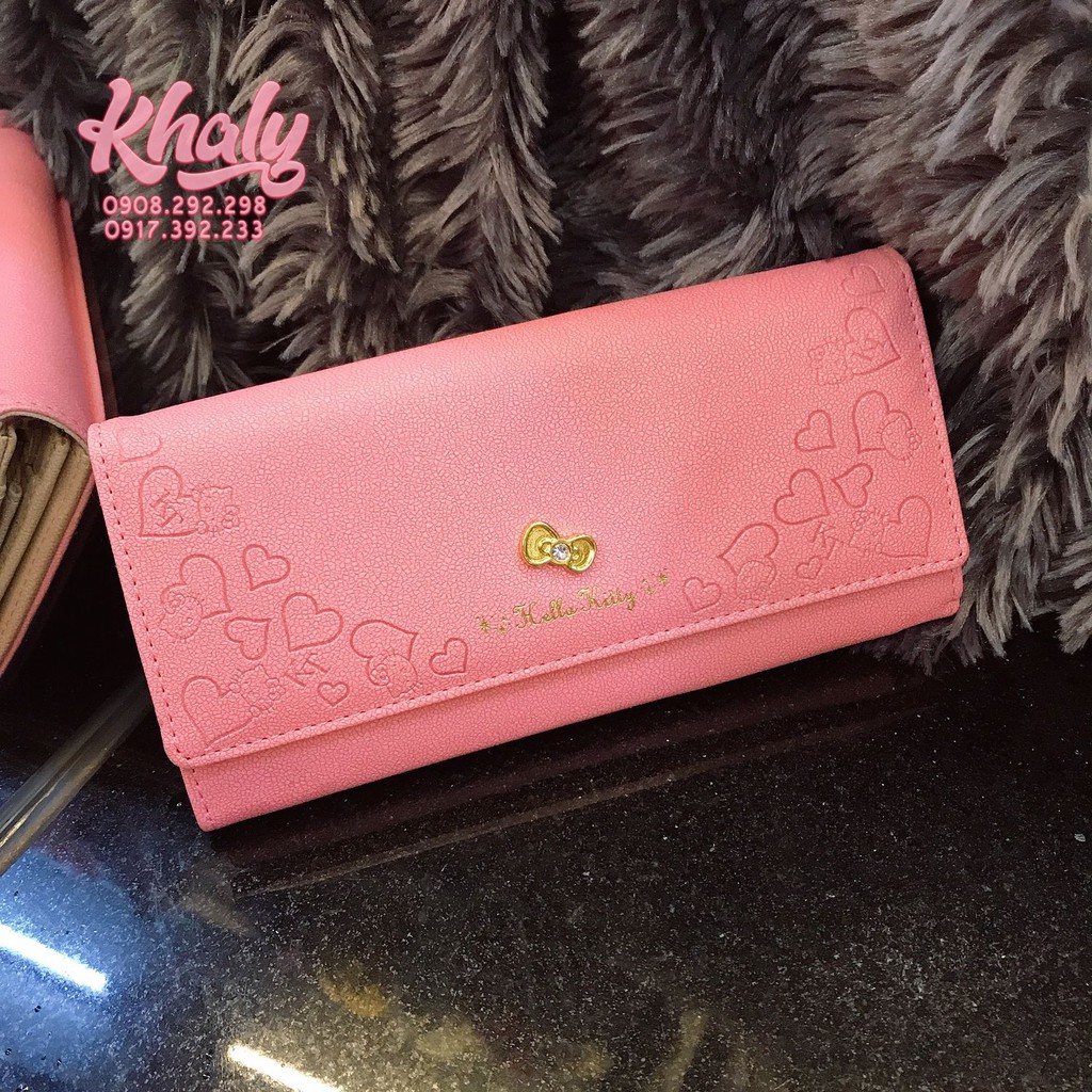 Bóp ví tiền cầm tay dài nút bấm da mềm có icon Hello Kitty nơ đồng nhiều ngăn màu hồng phấn dành cho nữ và các bạn gái