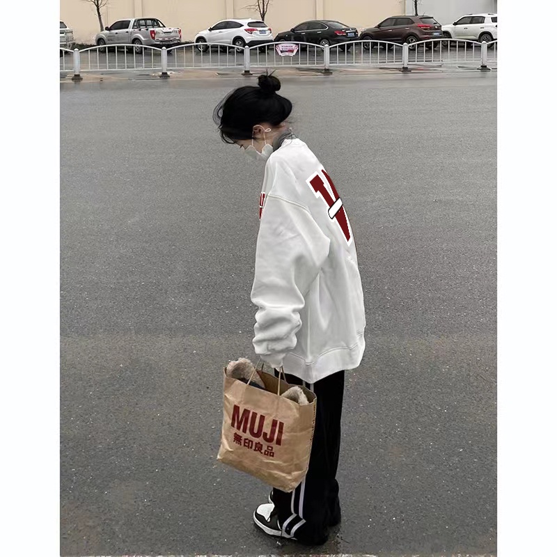 SELVZE Áo sweater tay dài dáng rộng phong cách retro Mỹ thời trang