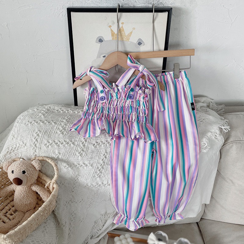 Bộ Áo Sát Nách Kẻ Sọc + Quần Dài Thời Trang Mùa Hè Cho Bé Gái Se7en