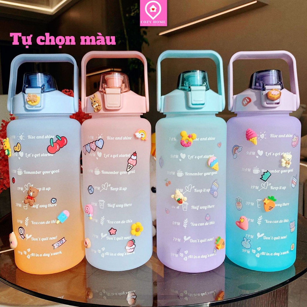 Bình nước 2 lít GIÁ BUÔN chia vạch tặng kèm STIKER, CHỌN MÀU nhắc nhở uống nước, bình nhựa đủ màu lỗi 1 đổi 1.
