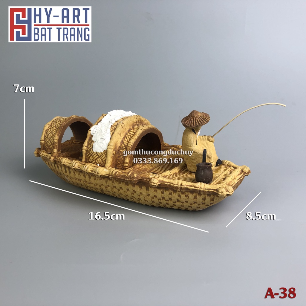 Tiểu cảnh hồ cá, bể cá cảnh, Tượng gốm ông lão ngồi thuyền trang trí hòn non bộ chậu cây bonsai