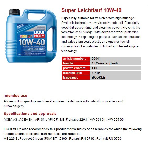 Dầu nhớt tổng hợp công nghệ cao Liqui Moly Super Leichtlauf 10W-40 9504 4 lít